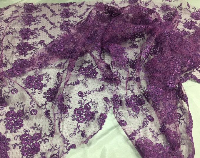 Sensational purple flowers Embroider And Corded On a Polkadot Mesh Lace-prom-nightgown-decorations-dresses-sold by the yard.