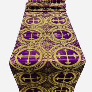 Purple / Gold - Religious Brocade Runner Tablecloth | Liturgical Fabric | Runner Ecclesiastical Jacquard | Church | Vestment -Cross Brocade.