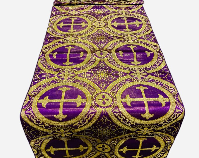 Purple / Gold - Religious Brocade Runner Tablecloth | Liturgical Fabric | Runner Ecclesiastical Jacquard | Church | Vestment -Cross Brocade.