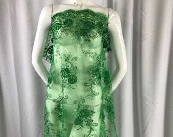 Green/silver 3 d flowers embroider with sequins on green mesh lace. Wedding/bridal/prom/nightgown fabric-dresses-Sold by the yard.