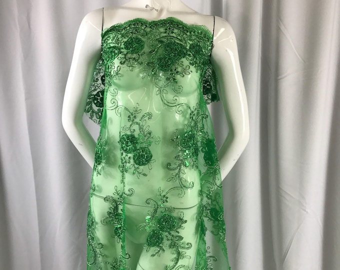 Green/silver 3 d flowers embroider with sequins on green mesh lace. Wedding/bridal/prom/nightgown fabric-dresses-Sold by the yard.