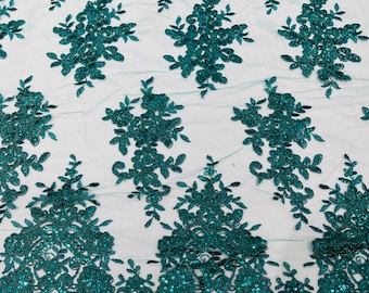 Hunter green flower lace corded and embroider with sequins on a mesh-Sold by the yard.