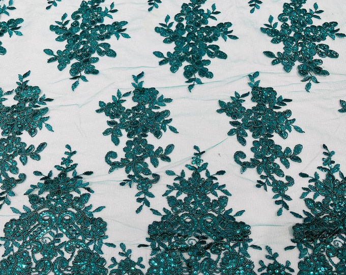 Hunter green flower lace corded and embroider with sequins on a mesh-Sold by the yard.