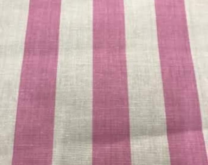 Pink on White 60" Wide by 1" Stripe Poly Cotton Fabric Sold By The Yard.