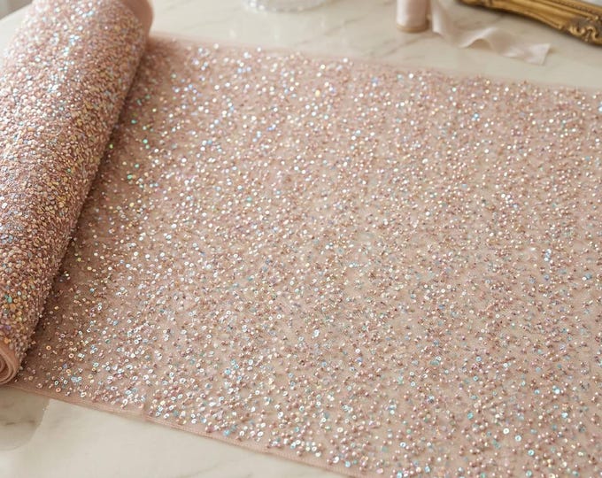 Blush Pink Iridescent Sequin Lace Fabric by the Yard, Beaded Mesh for Bridal Wedding & Prom Dresses