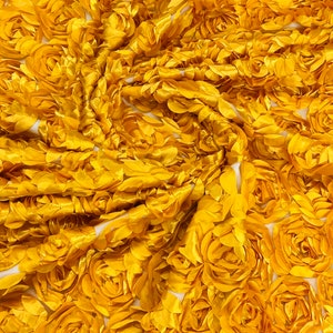 Golden rod yellow  3D Rosette Embroidery Satin Rose Flowers  Floral Mesh Fabric by the yard