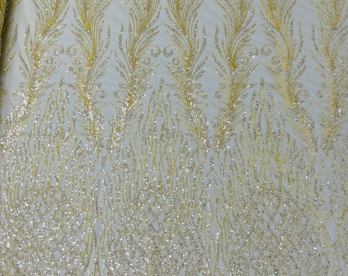 Yellow feathers damask embroider and heavy beaded on a mesh lace fabric-sold by the yard-