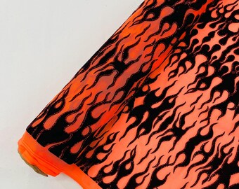 Neon Orange - Power Mesh with Black Flocking Flames and Red Glitter Fabric-60” Wide-Hot Rod.
