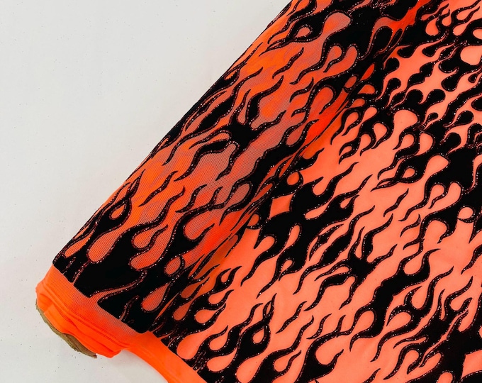 Neon Orange - Power Mesh with Black Flocking Flames and Red Glitter Fabric-60” Wide-Hot Rod.