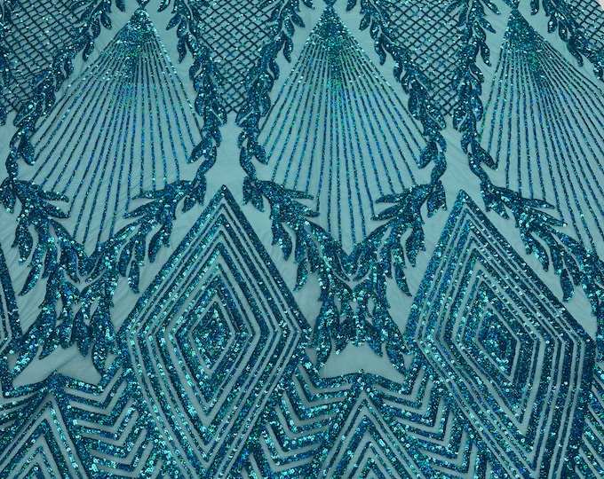 Turquoise geometric diamond design with shiny iridescent sequins on a 4 way stretch mesh-dresses-prom-nightgown-sold by the yard-