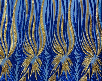 Royal blue/Gold sequin Wings design on a blue 4 way stretch mesh fabric- prom-nightgown-by the yard-free shipping in the USA.