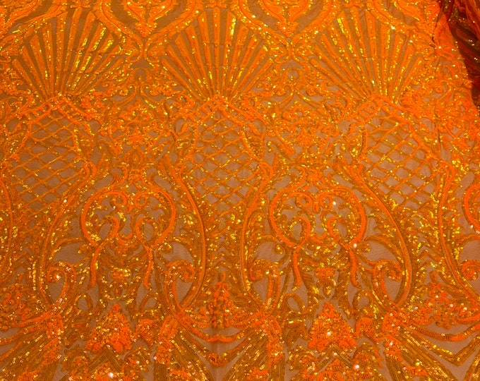 Neon orange iridescent shell damask sequin design on a 4 way stretch mesh-prom-sold by the yard.