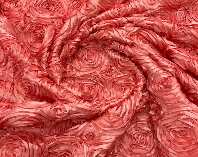 Coral 3D Rosette Embroidery Satin Rose Flowers  Floral on a satin Fabric by the yard.