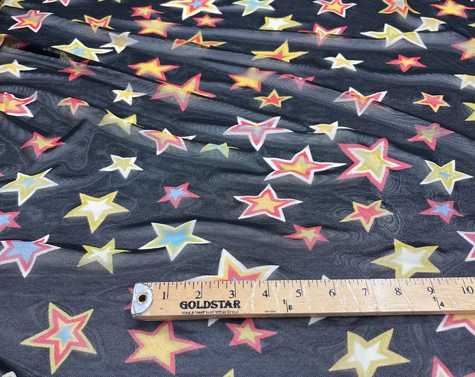 Multi color star design on a black power mesh 4-way stretch 58"-Sold by the yard