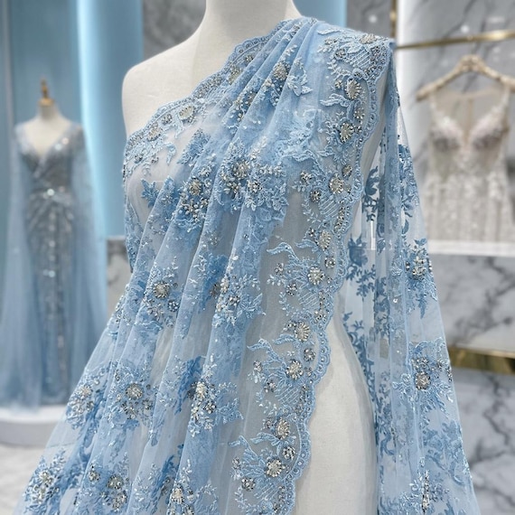 lace fabric by the yard for dresses Light Blue French Beaded Lace Fabric by the Yard, Embroidered Bridal Mesh  Lace for Wedding Dress, Prom Gown, Couture Fabric
