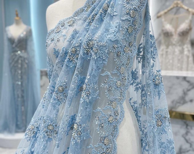 Light Blue French Beaded Lace Fabric by the Yard, Embroidered Bridal Mesh Lace for Wedding Dress, Prom Gown, Couture Fabric