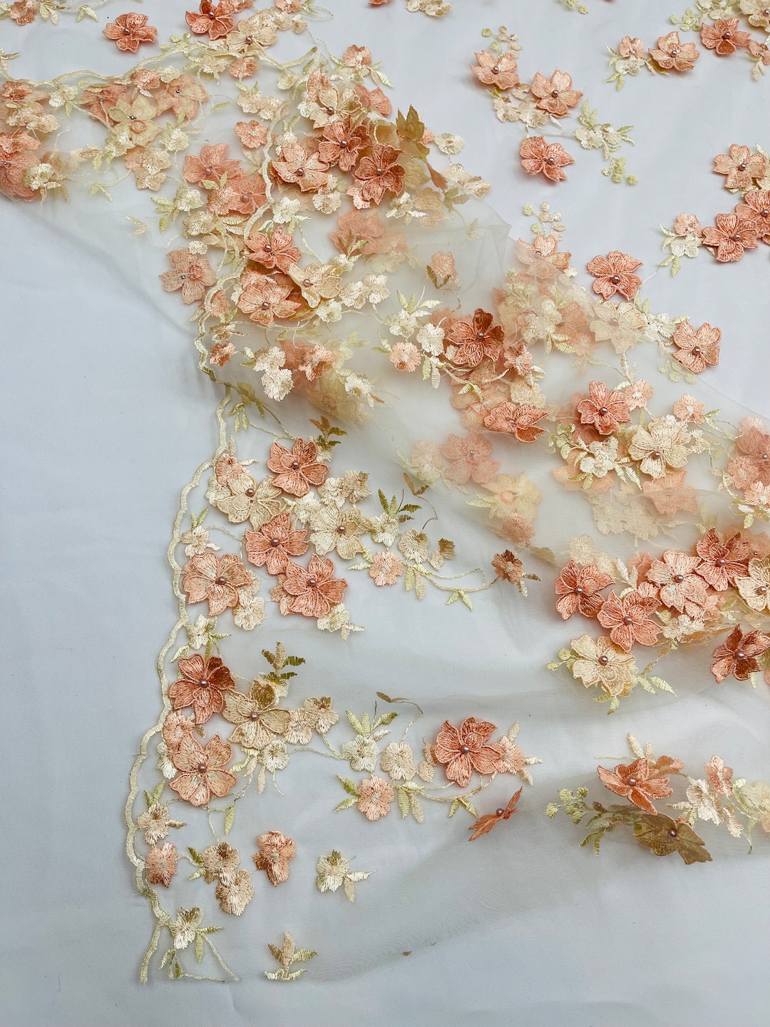 Blush peach 3D floral Vine Design Embroider and heavy beading on a mesh lace-sold by the yard. main image 1