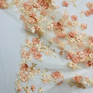 Blush Peach Multi color 3d floral Daisy design embroider whit pearls in amesh lace fabric -sold by the yard.
