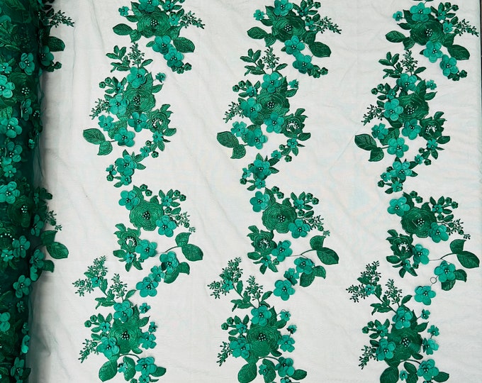 Hunter Green Diana 3d floral design embroider with pearls in a mesh lace-sold by the yard.