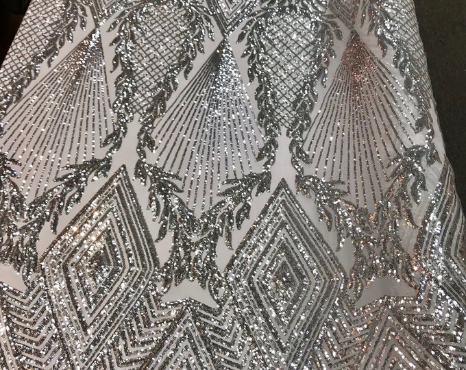Silver-white geometric diamond design with shiny sequins on a 4 way stretch mesh-dresses-prom-nightgown-sold by the yard-free shipping in US