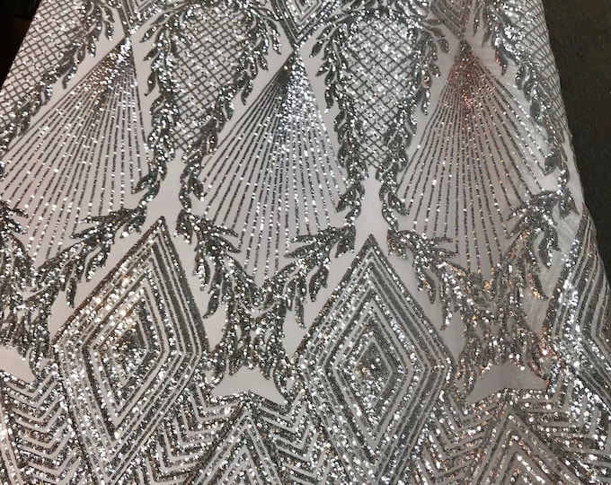 Silver-white geometric diamond design with shiny sequins on a 4 way stretch mesh-dresses-prom-nightgown-sold by the yard-free shipping in US