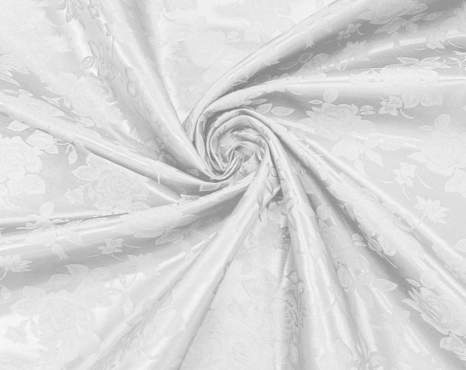 White 60" Wide Polyester Big Roses/Flowers Brocade Jacquard Satin Fabric/Cosplay Costumes, Skirts, Table Linen/Sold By The Yard.