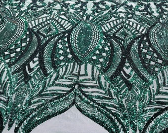 Hunter green royalty sequin design on a green 4 way stretch mesh-prom-sold by the yard.