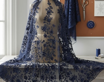 3D Princess Floral Lace Fabric, Navy Blue Embroidered Mesh with Pearls - 54" Wide