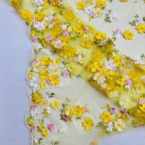 Daisy 3D Floral Lace Fabric with Embroidered Flowers, Yellow Multi-Color Design by the Yard