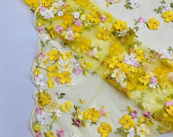 Daisy 3D Floral Lace Fabric with Embroidered Flowers, Yellow Multi-Color Design by the Yard