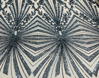 Charcoal diamond damask design on a nude 4 way stretch mesh-prom-sold by the yard.