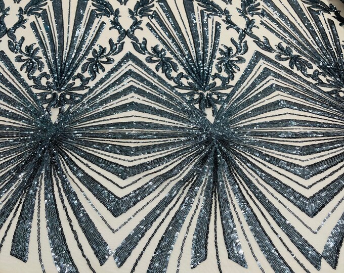 Charcoal diamond damask design on a nude 4 way stretch mesh-prom-sold by the yard.