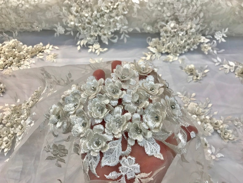 Ivory 3d floral design embroidery and beaded with rhinestones on a mesh lace-prom-nightgown-sold by the yard-free shipping in the USA