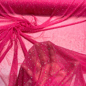 Hot Pink Sheer All Over AB Rhinestones On Stretch Power Mesh Fabric, Sold by The Yard.
