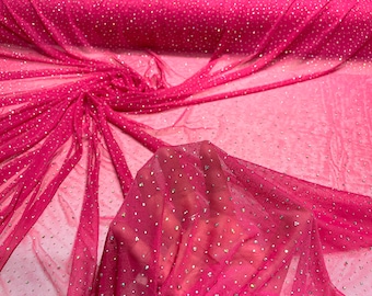 Hot Pink Sheer All Over AB Rhinestones On Stretch Power Mesh Fabric, Sold by The Yard.