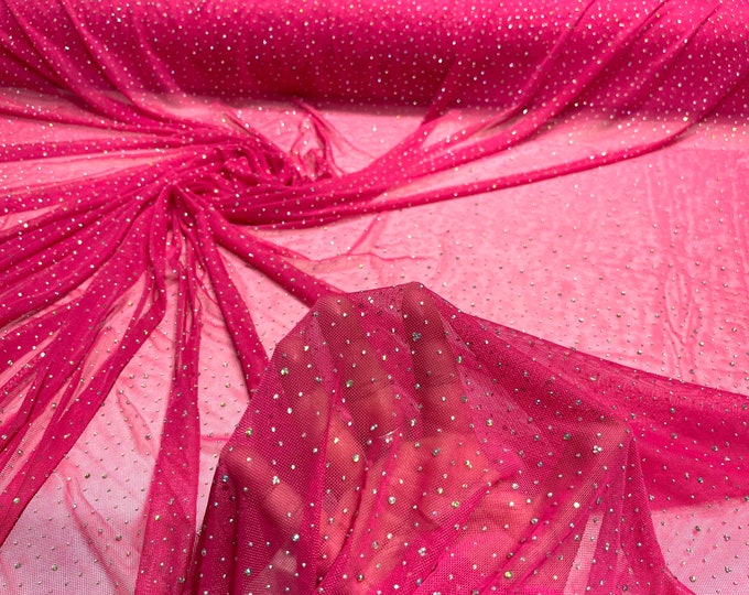 Hot Pink Sheer All Over AB Rhinestones On Stretch Power Mesh Fabric, Sold by The Yard.