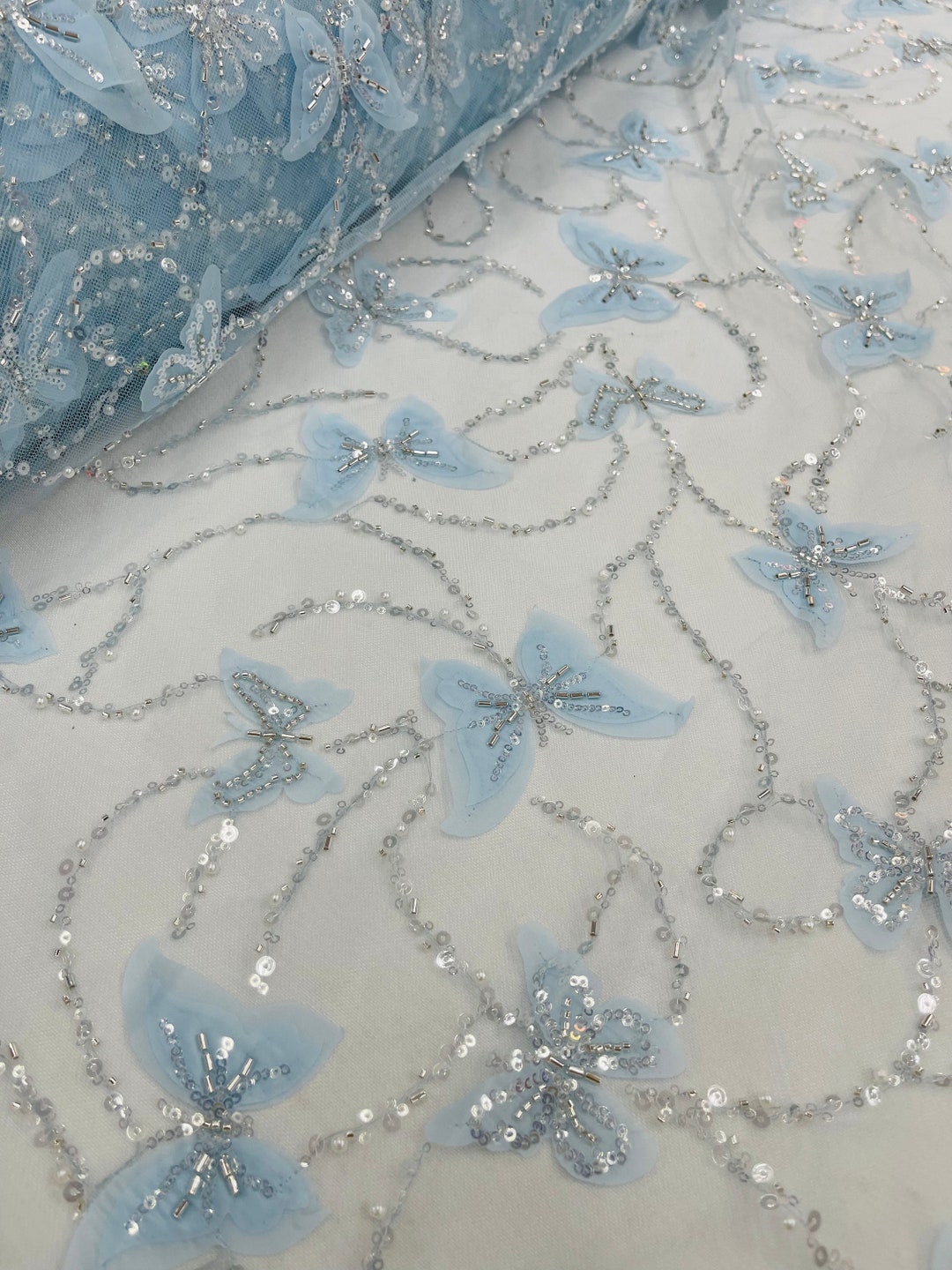 Wings Design Embroider and heavy beading on a mesh lace-sold by the yard. Blush main image 1