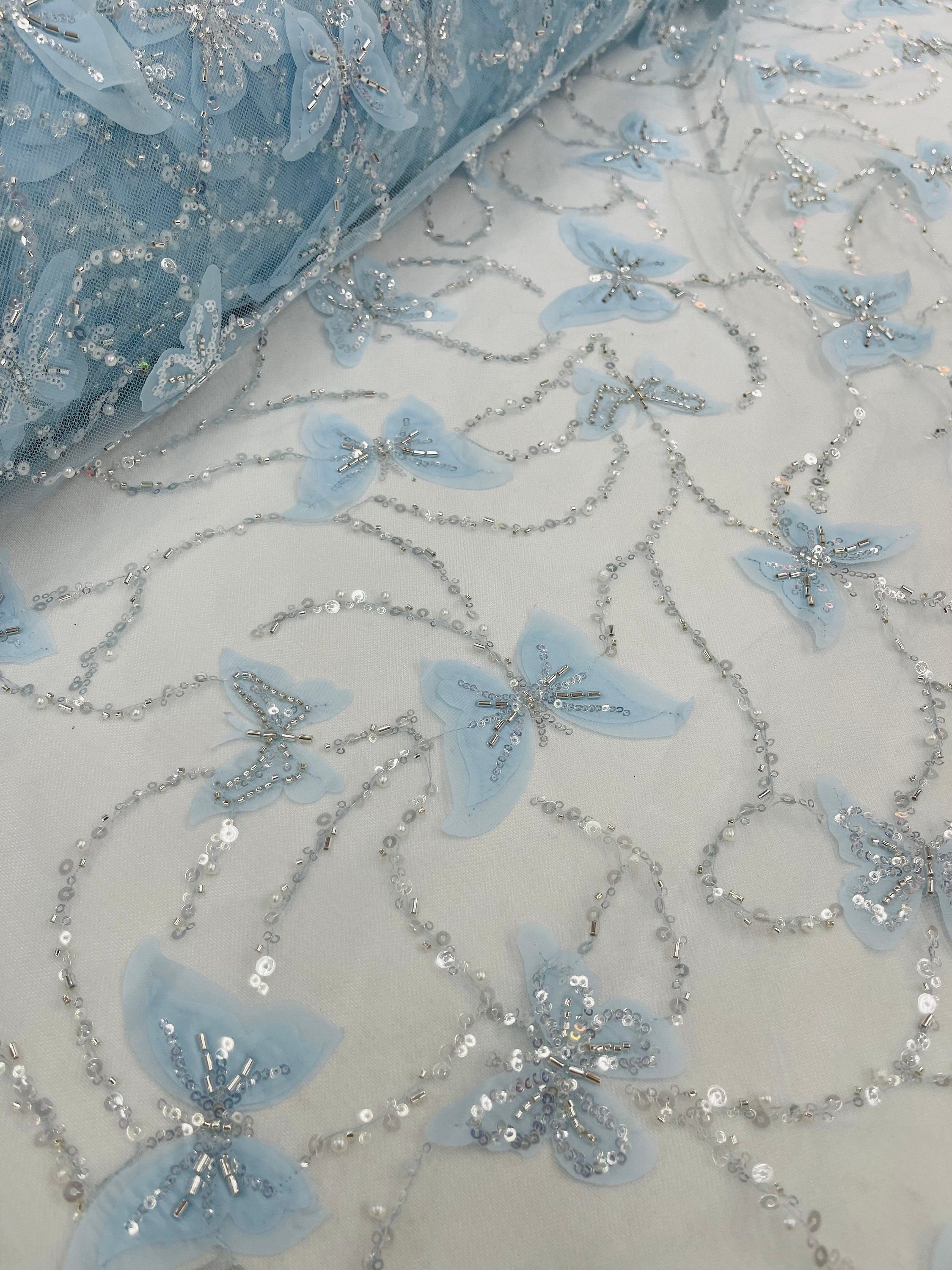 Light Blue 3D Butterfly Design Embroider and Beaded on a Mesh Lace