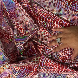 Red iridescent dragon scales print on a 2 way stretch nylon spandex-dresses-fashion-leggings-prom-nightgown-decorations-sod by the yard.