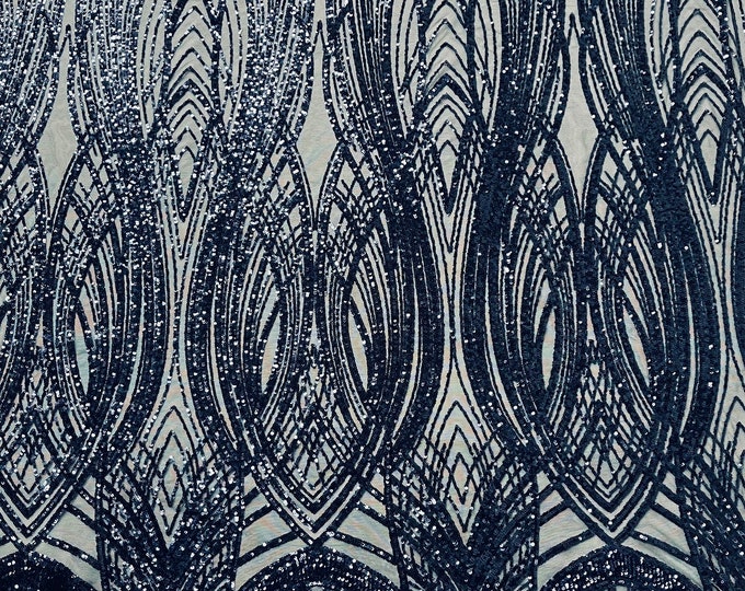 Navy blue Feather damask shiny sequin design on a 4 way stretch mesh Fabric-prom-sold by the yard.