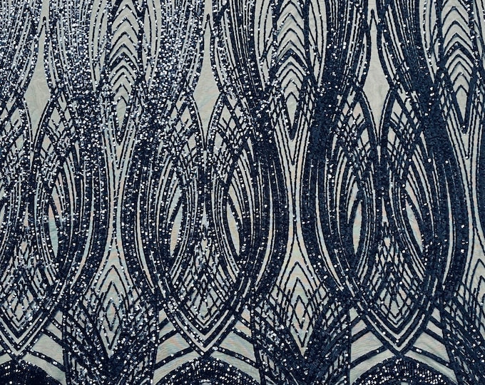 Navy blue Feather damask shiny sequin design on a 4 way stretch mesh Fabric-prom-sold by the yard.