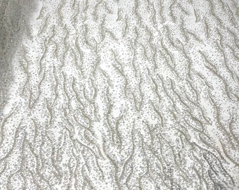 Off White heavy hand beaded princess design embroider with beads-pearls-sequins on a mesh lace-sold by yard.