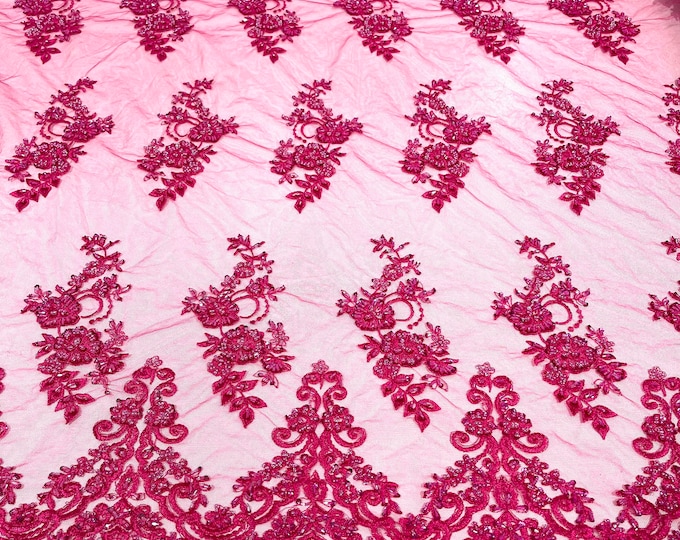 Fuchsia elegant hand beaded flower design embroider on a mesh lace-prom-sold by the yard.