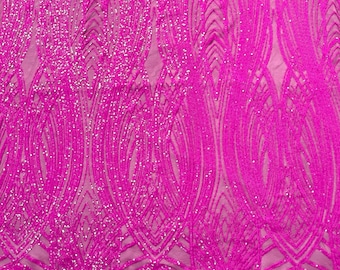 Magenta Feather damask glossy sequin design on a 4 way stretch mesh-prom-sold by the yard.