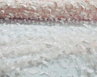 Light Pink 3D butterfly metallic design embroider on a mesh fabric - Sold By the Yard .