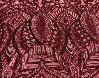 Burgundy royalty sequin design on a 4 way stretch mesh-prom-sold by the yard.
