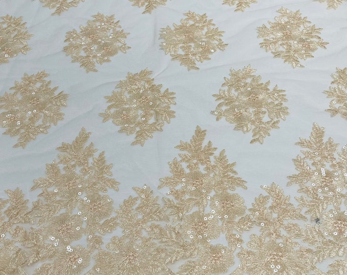 Peach Floral corded embroider with sequins on a mesh lace fabric-sold by the yard.