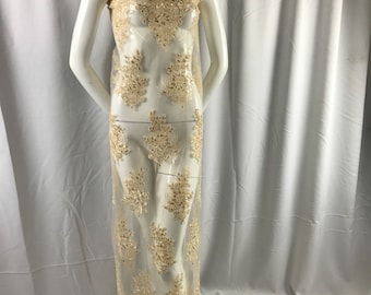 Dark ivory flower lace corded and embroider with sequins on a mesh. Wedding/bridal/prom/nightgown fabric-apparel-dresses-Sold by the yard.