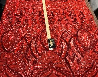 Red Sequins Design With Feathers On A 4 Way Stretch Mesh Fabric-Prom-Nightgown-Sold By The Yard-