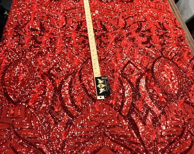 Red Sequins Design With Feathers On A 4 Way Stretch Mesh Fabric-Prom-Nightgown-Sold By The Yard-